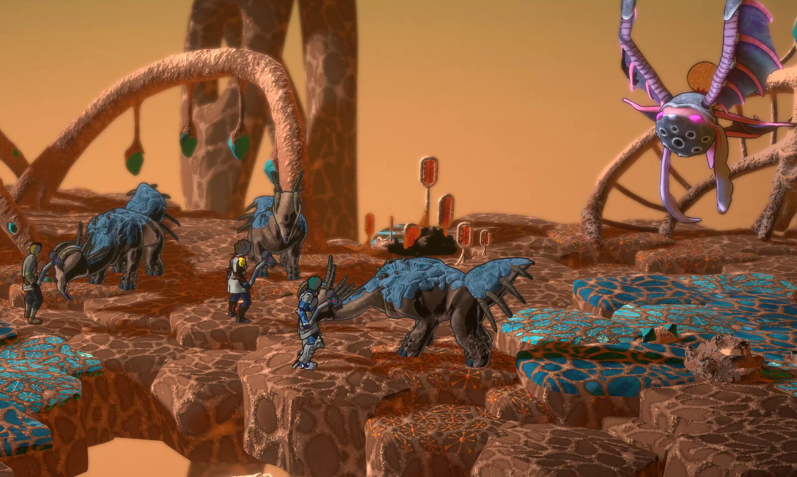 In-game screenshot showing a few Armaterradons, with the final toony shaders applied.