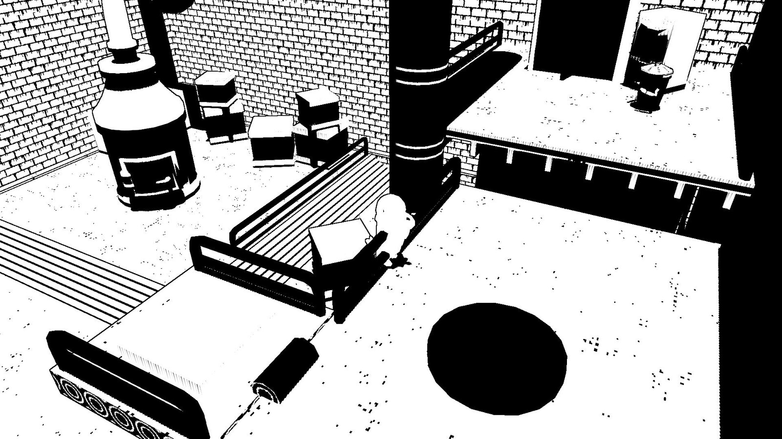 The Boiler room. Props I created in this environment include: the boiler, boxes, and file cabniets. 