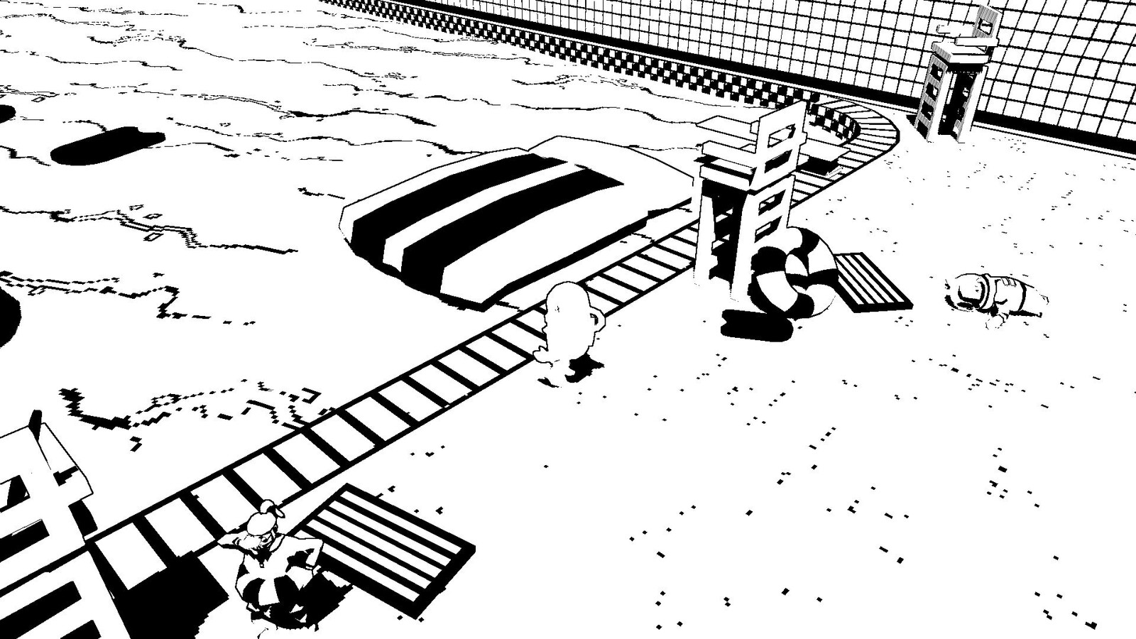 The Pool. Props I created in this environment include: floats, towels, innertubes, boards, and life gaurd chairs.