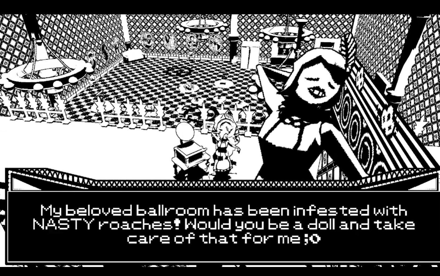 The Ballroom. Props I created in this environment include: Couch, table, elevator, gates, phonograph, chandelier.