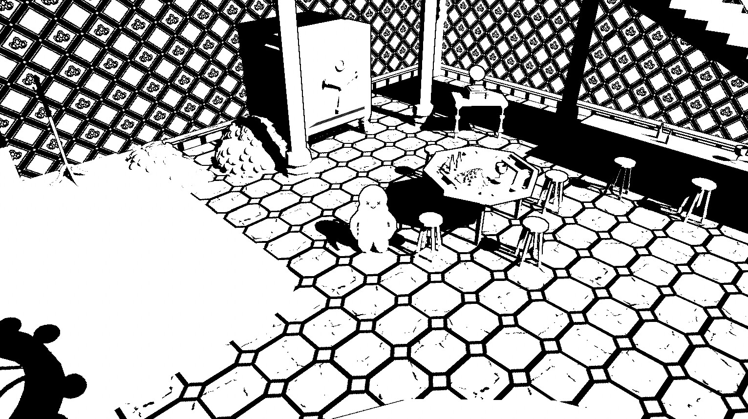 The Penthouse. Props I created in this environment include: The king bed, money piles, side table, lamp, couch, coat rack, medium table, phonograph, and vault.