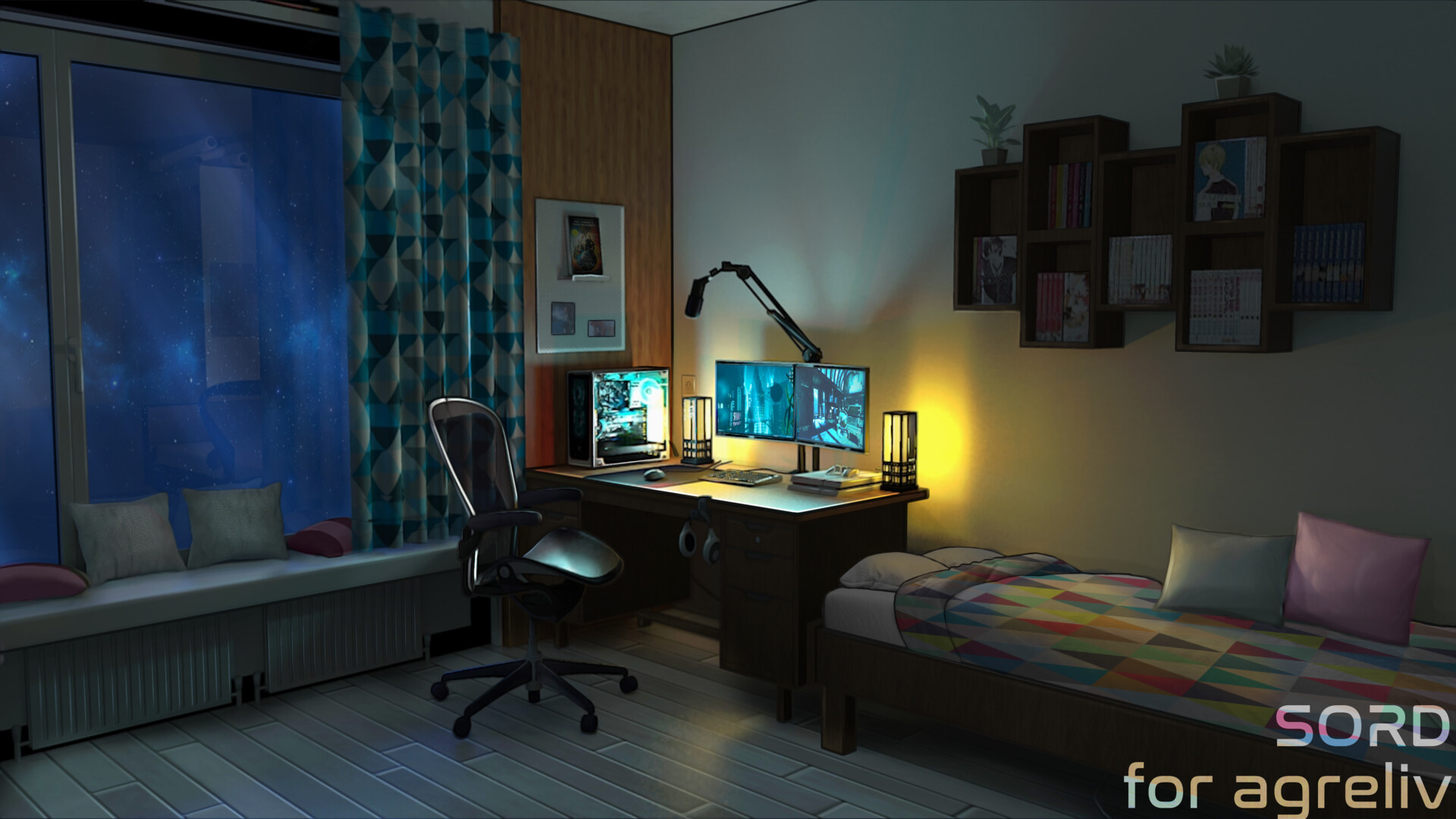 ArtStation - Visual Novel Background - A Gamer\'s Room - night ...