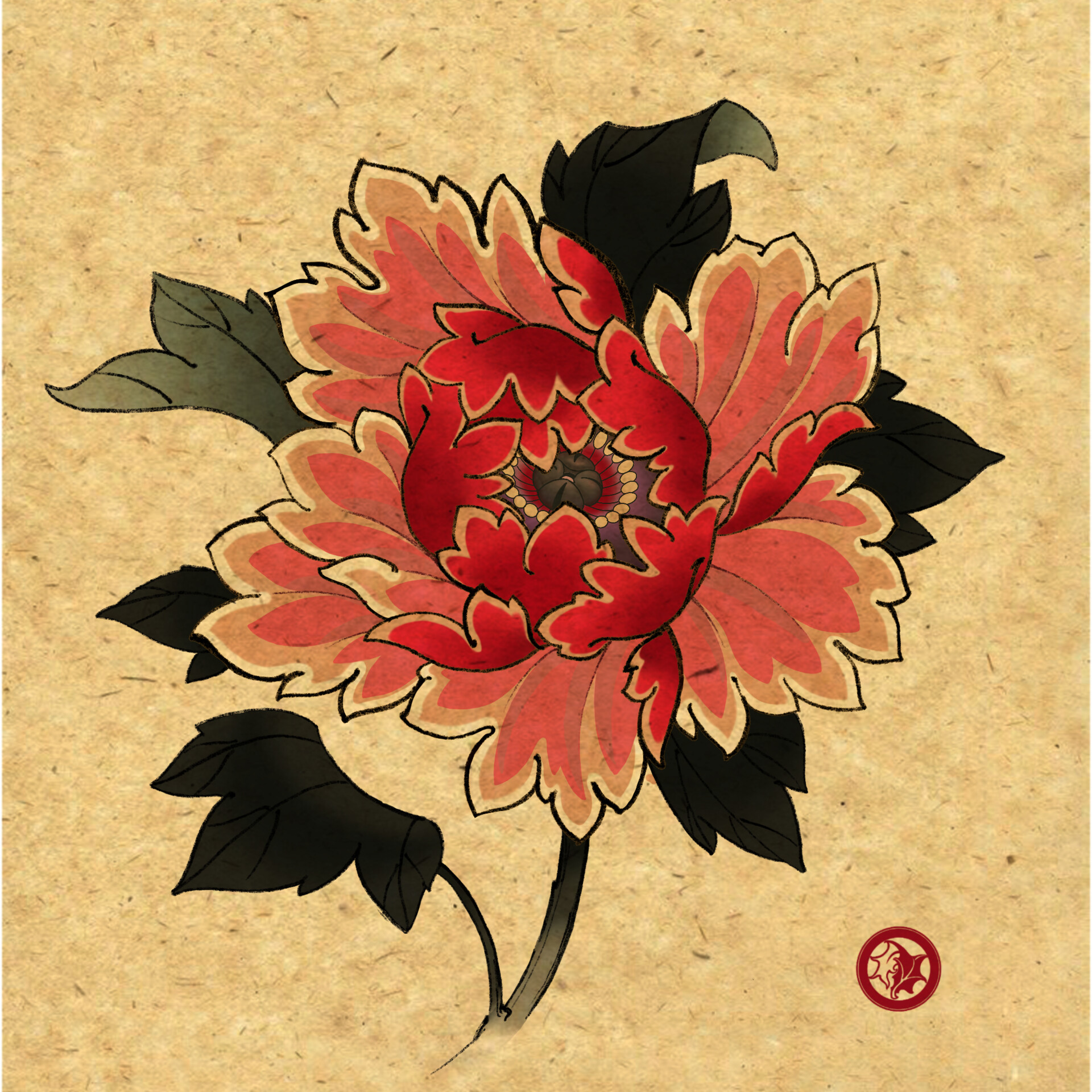 A Japanese tattoo style peony super excited about how it turned out   rProCreate