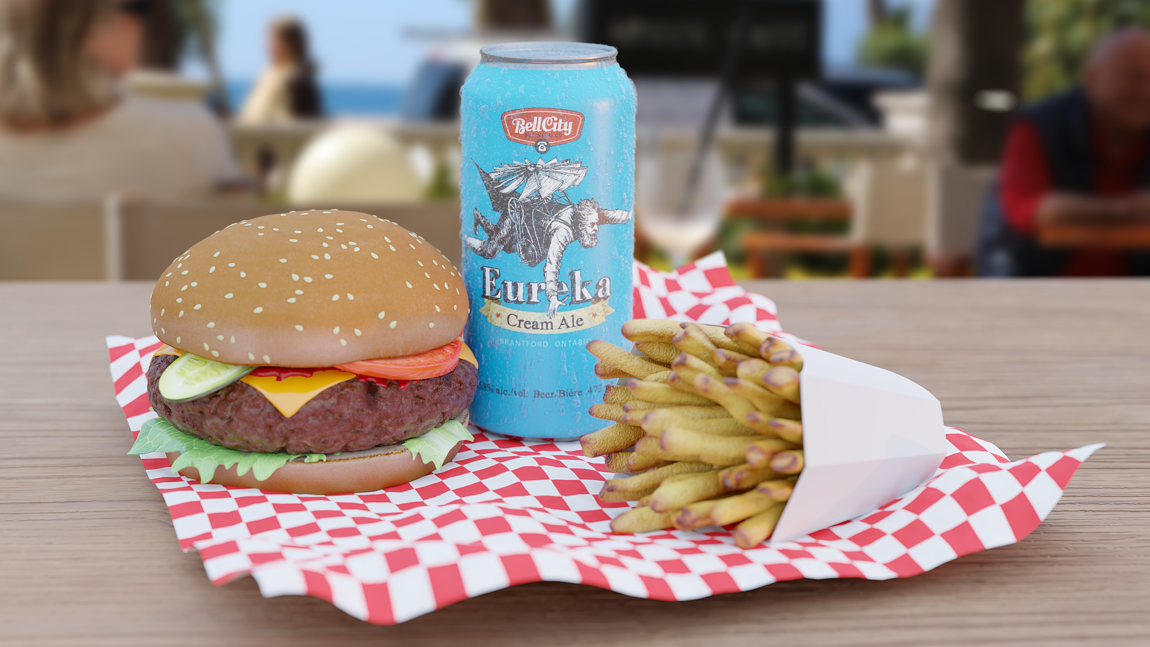 Eureka beer and burger with fries!