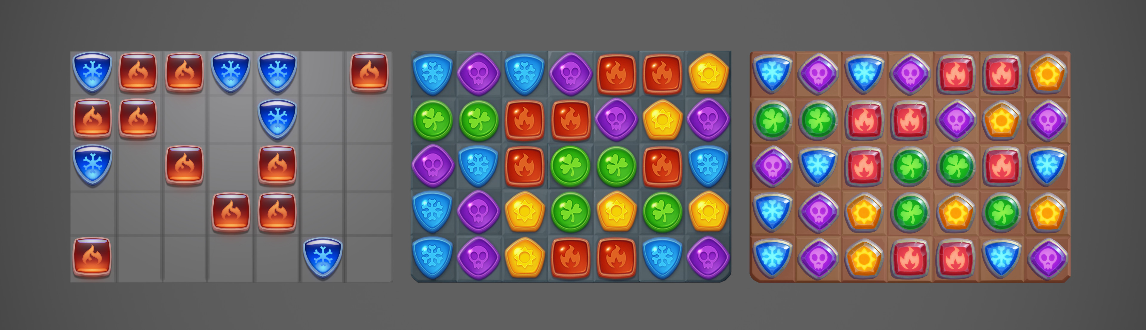 Progression of match 3 board from start to first art direction and current, second art direction. Made with illustrator Arthur Gimaldinov https://www.artstation.com/gimaldinov