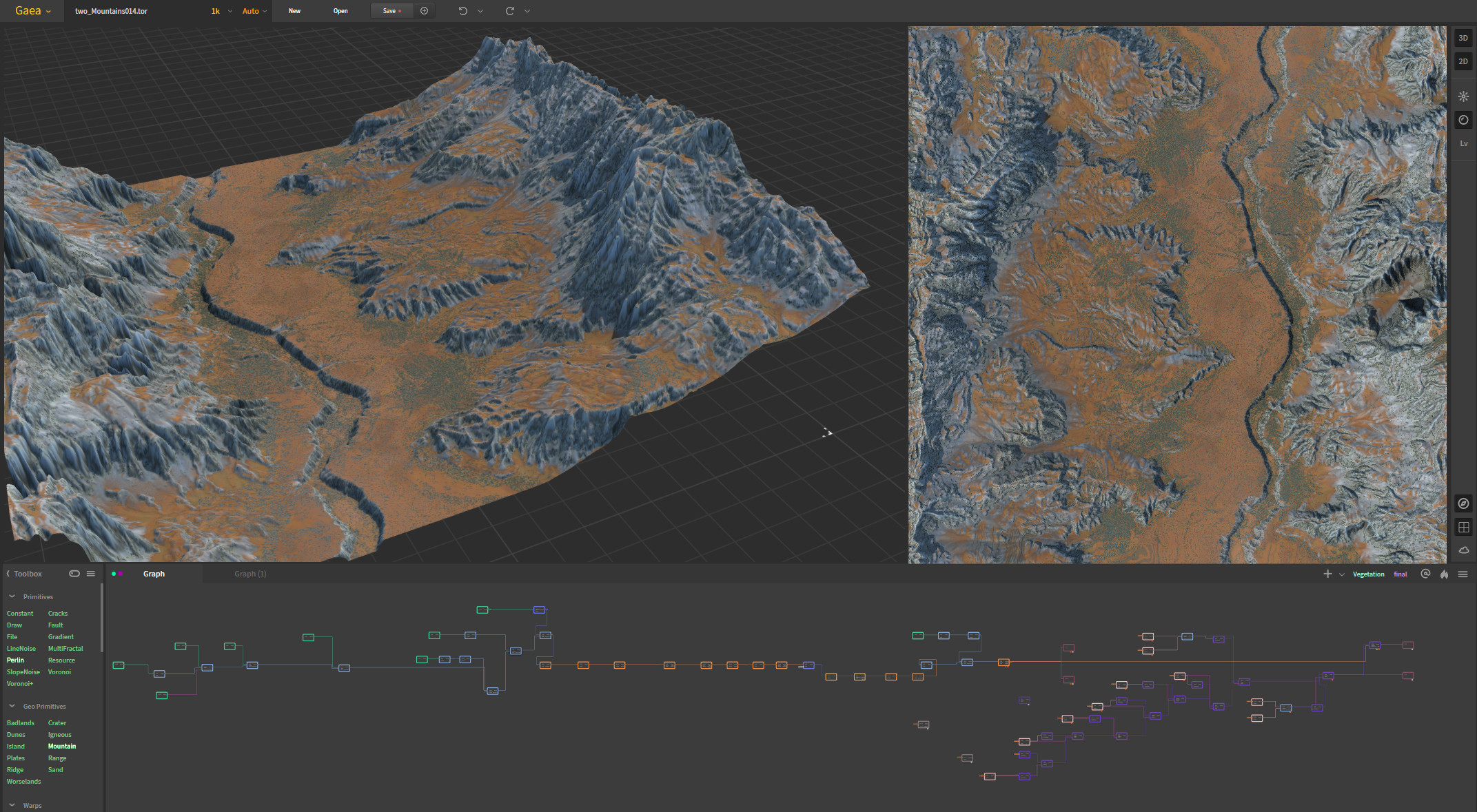 Node Structure with preview terrain. We needed a flat area to work in a VR environment with a river on the side. 