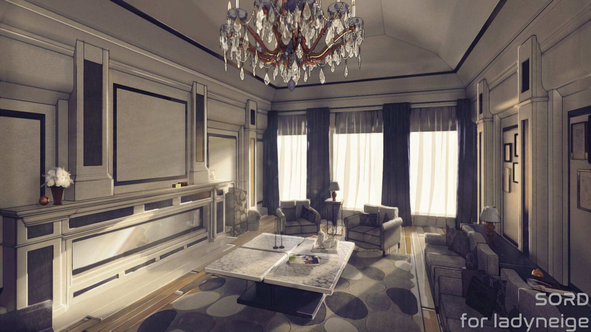 Alexander Sord - Visual Novel Background Interior - Mansion Living Room (  Commission )