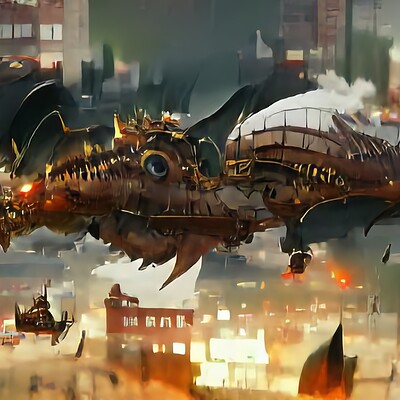 Jean pascal mouton artstation gigantic steampunk dragon airship attack a city