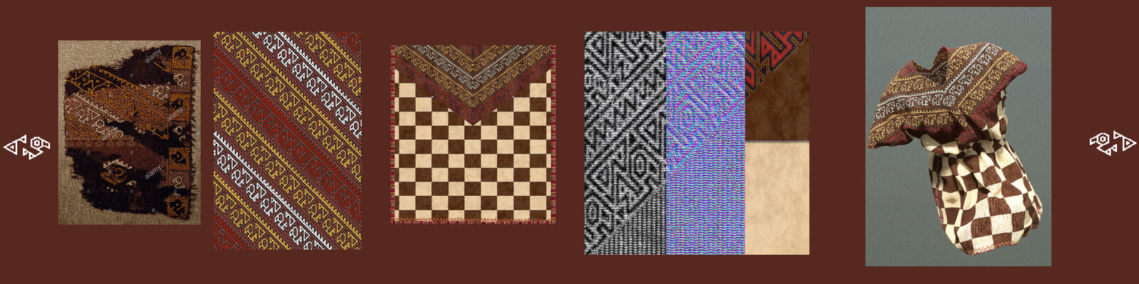 
the classic clothing of the Inca soldier consisted of a checkered tunic, to which I add some modifications, always using authentic archaeological pieces as reference, the script reads bitmaps to generate the structure of a brocade tapestry.