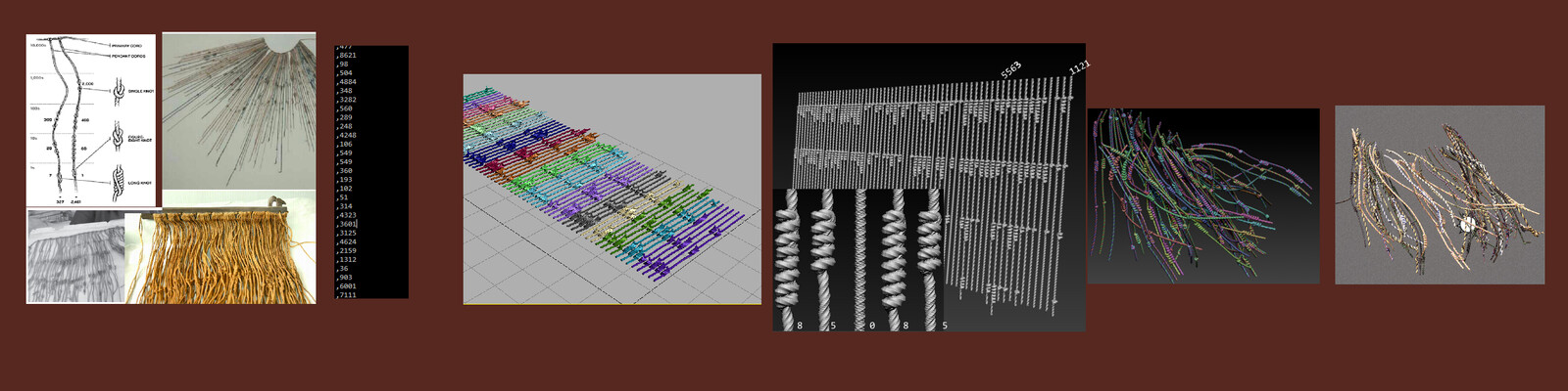 The quipu can be considered as a matrix structure. Ironically, the script used also uses matrix structures, after generating the linear shape use modifiers to line them up to new linear shapes.