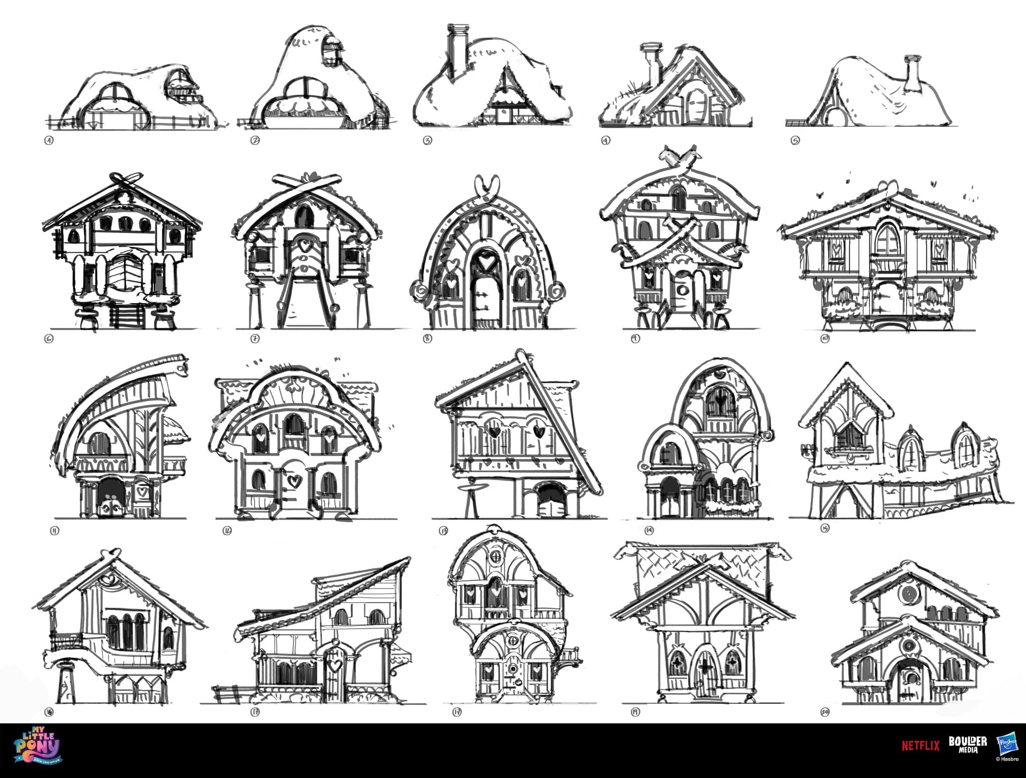 Very early architecture exploration for the earth ponies. Those are some of the first sketches I did!