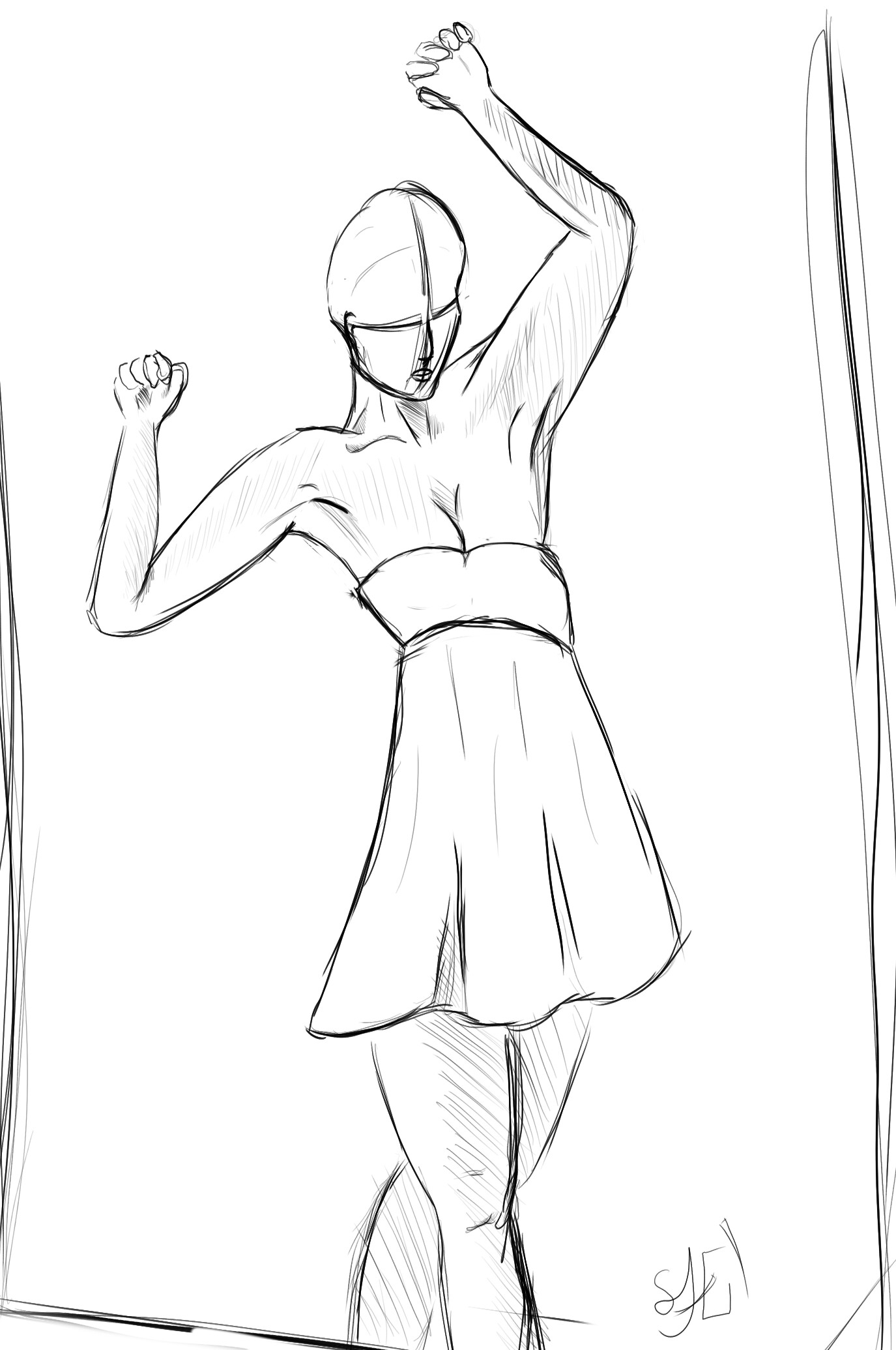Sketch of a woman striking a unique dance pose on Craiyon