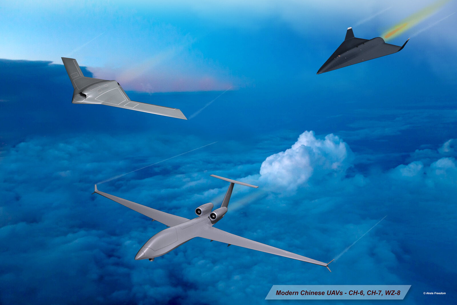 CASC Rainbow CH-6
https://www.cgtrader.com/3d-models/aircraft/military/ch-6-ucav

CASC CH-7
https://www.cgtrader.com/3d-models/aircraft/military/ch-7-ucav

WZ-8
https://www.cgtrader.com/3d-models/aircraft/military/wz-8-uav
