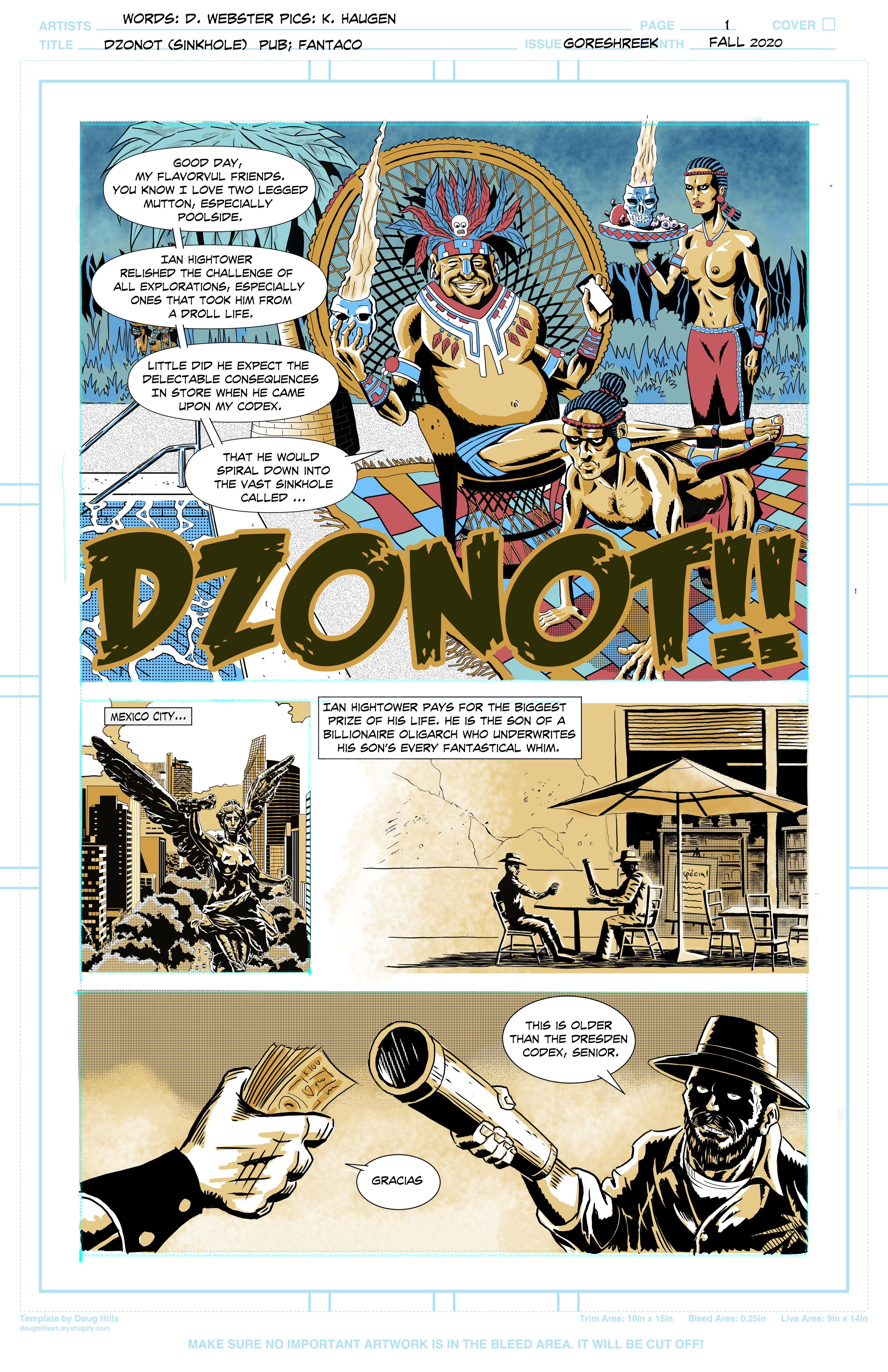 Pg. 1 of Dzonot for the FantaCo anthology: Shriek (Oct. 2021). Written by Dennis Webster.