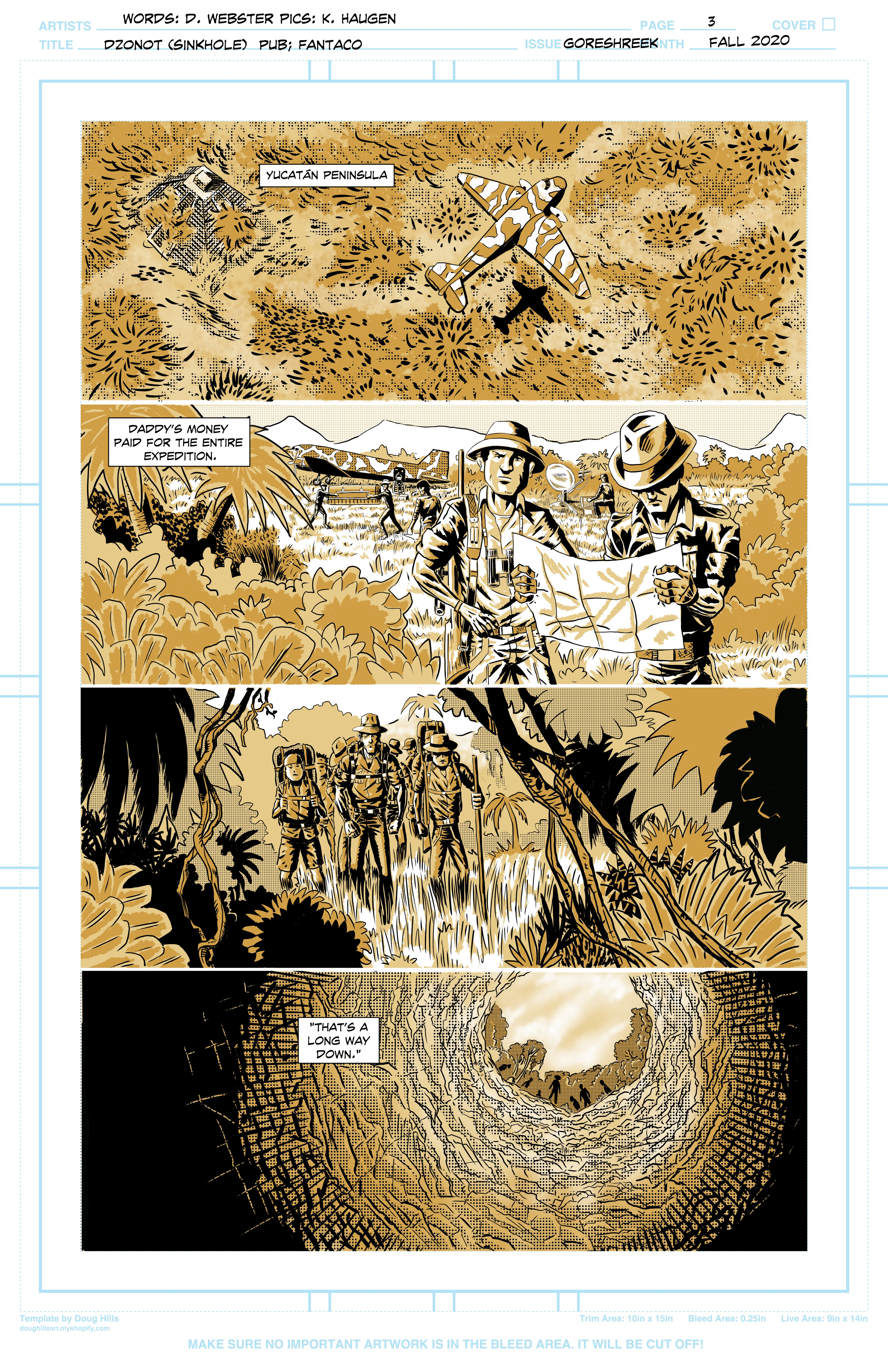 Pg. 3 of Dzonot for the FantaCo anthology: Shriek (Oct. 2021). Written by Dennis Webster.