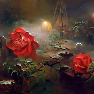 Jean pascal mouton detailed james gurney a red rose in a garden at night in the mist