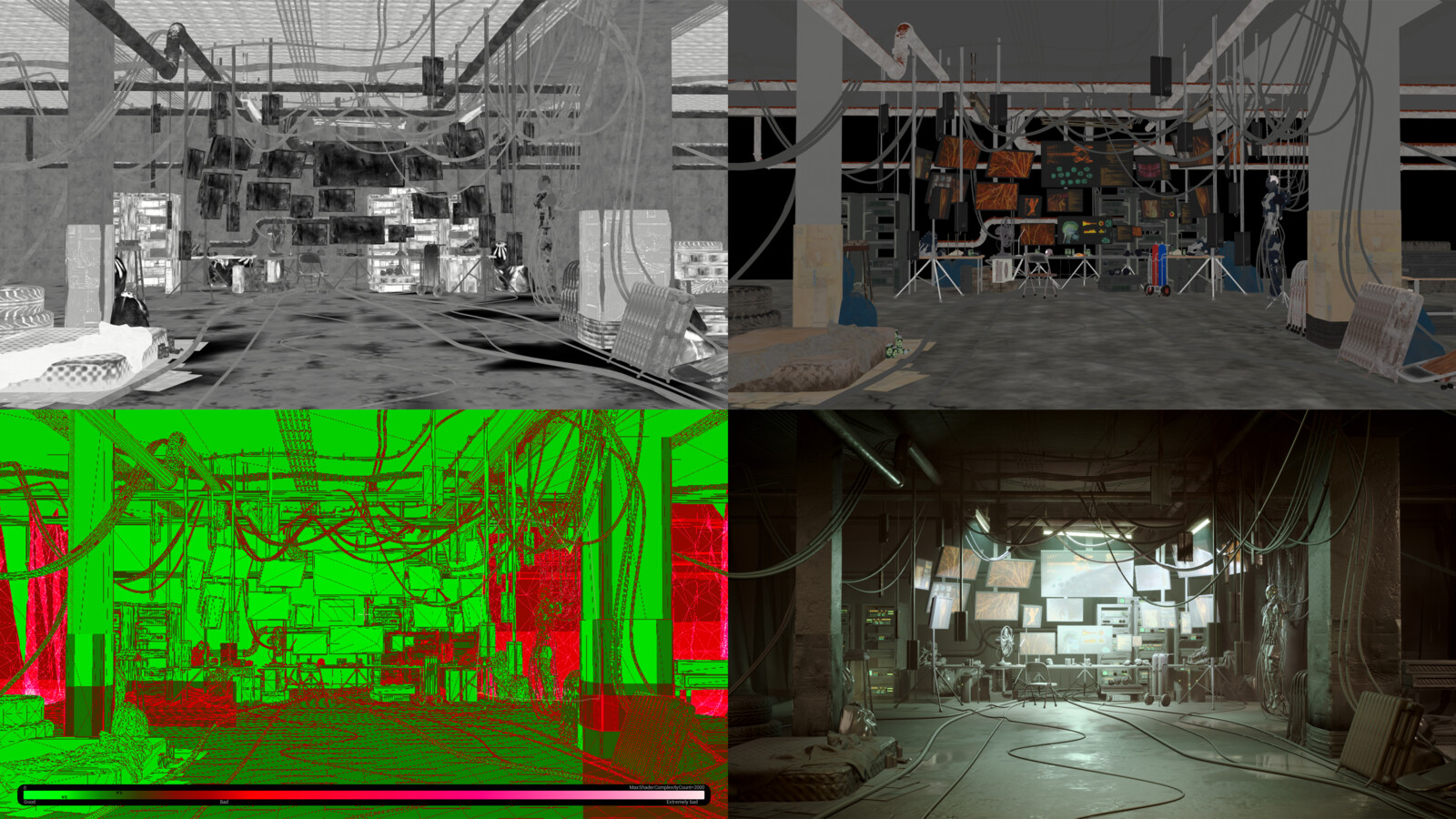 left to right, top to bottom : roughness, albed, Quad+Shader, Details Lighting. The reds from Shader/Quads comes mostly from curtain tranlucency and Fod planes

