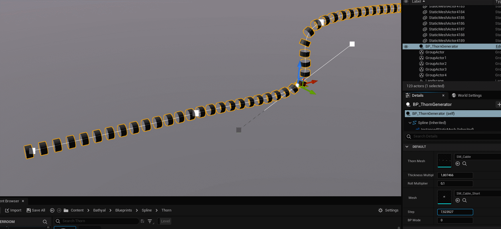 One of the challenges I found is how to tackle a lot of cable: I found that using spline mesh equals too many drawcalls . in this case I made small tube and use it as Instanced static mesh in BP. though its hard to textures and cant do extreme angle.