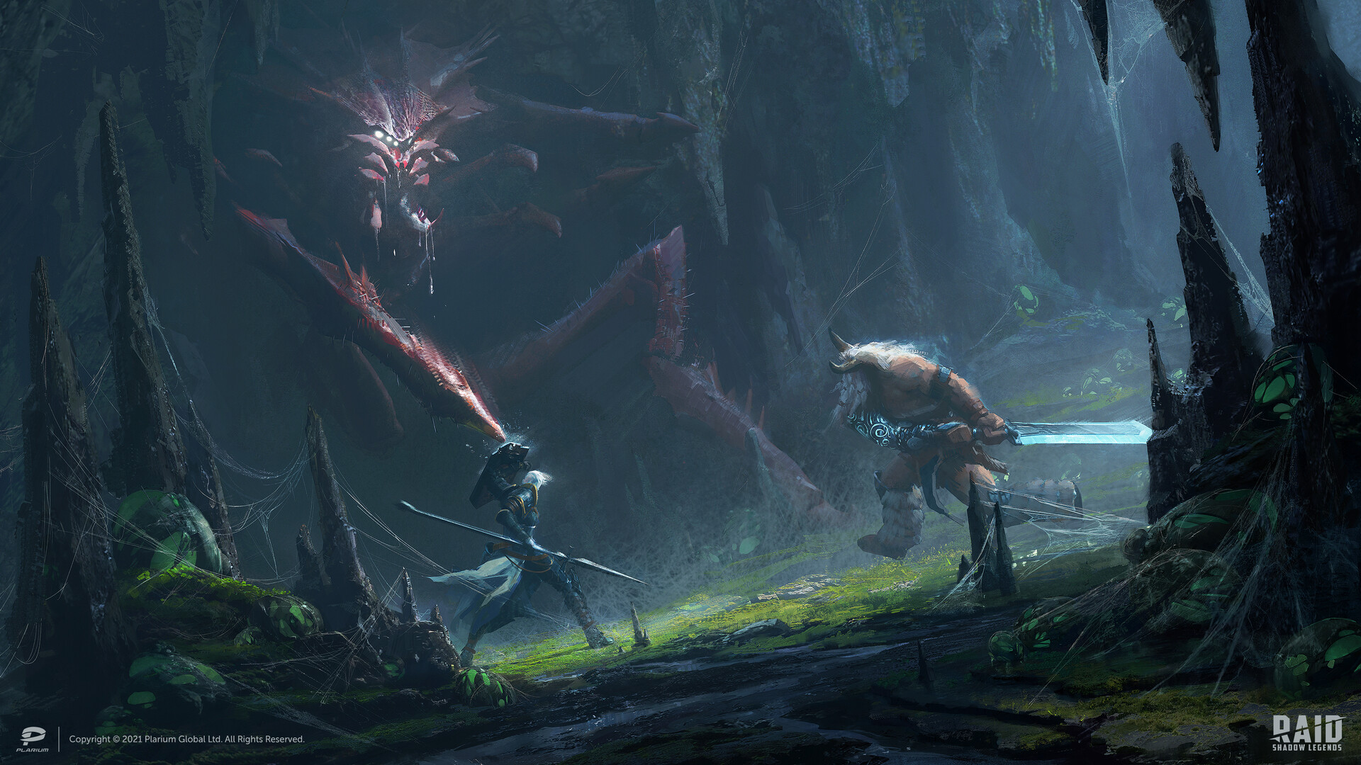 a giant arachnid in a cave, being attacked by an elf with a spear and a minotaur with a greatsword