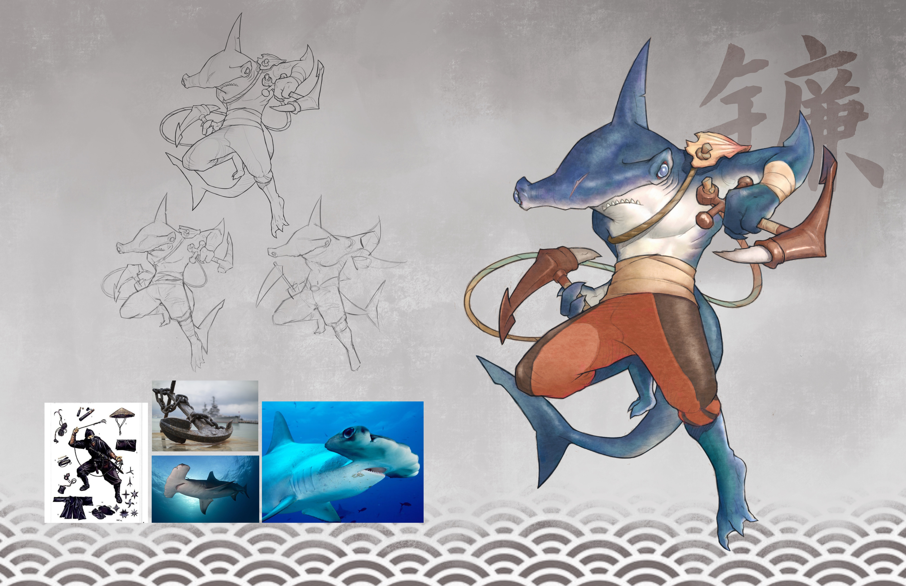 The Assasin - Design based on hammer shark, my favorite kind of shark, and ninja. His weapons are made from anchors and shark teeth. 

刺客 - 设计源于双髻鲨和忍者，武器由船锚和鲨鱼牙齿打造而成。