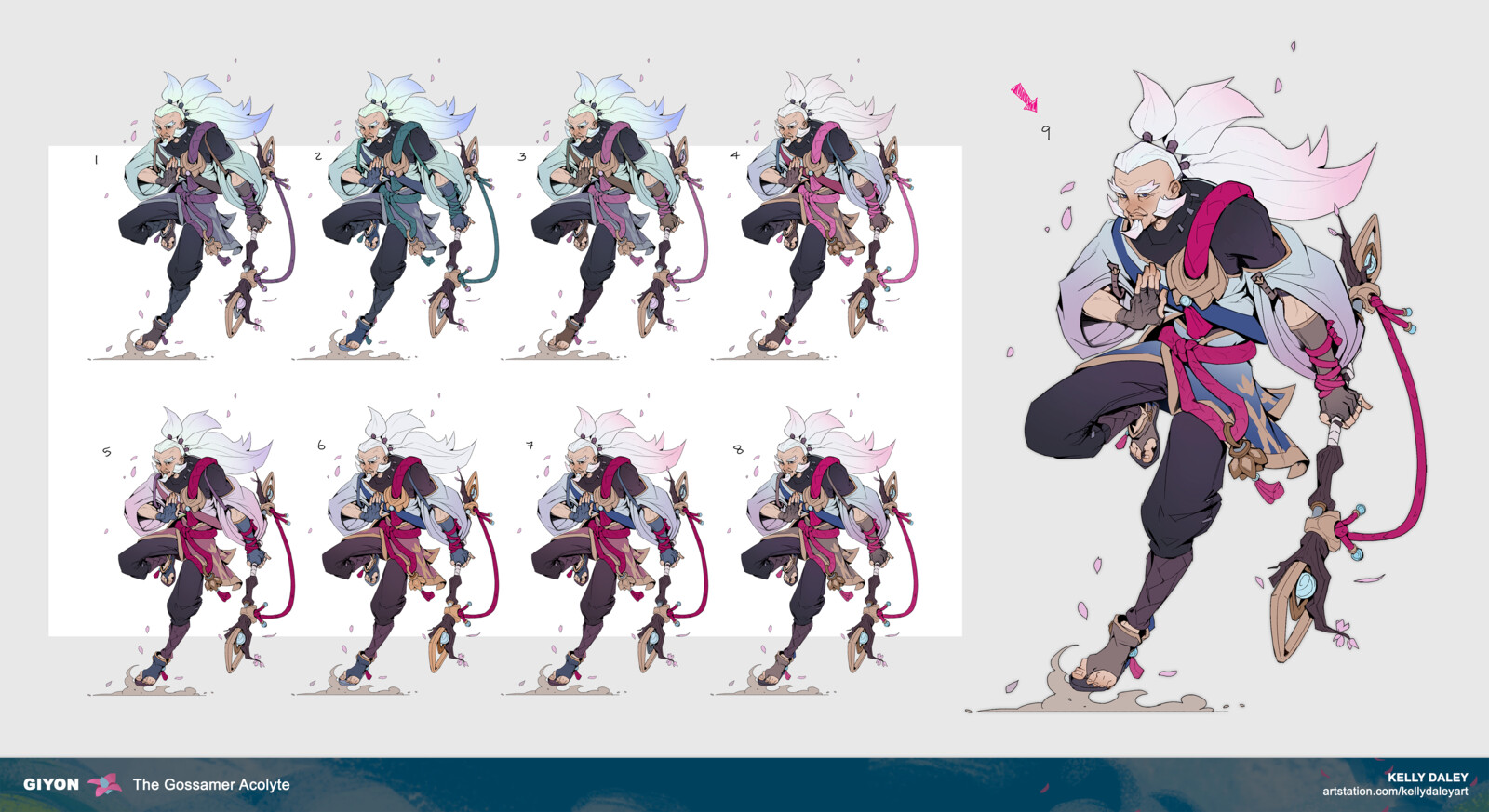 Color exploration. I had a general idea of the color palette he would have. I knew it would be an earthy base combined with sky+cherry blossom colors. Again, I kept the value gradient the same for the sake of readability in a MOBA setting.