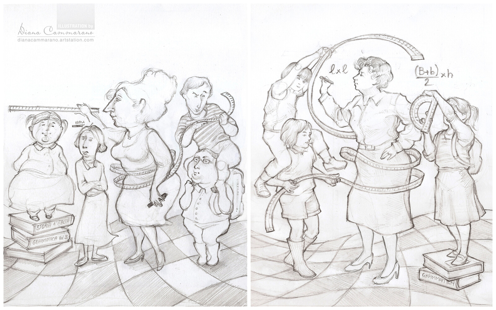 Sketches to understand if the client liked a caricatural style or a classic view