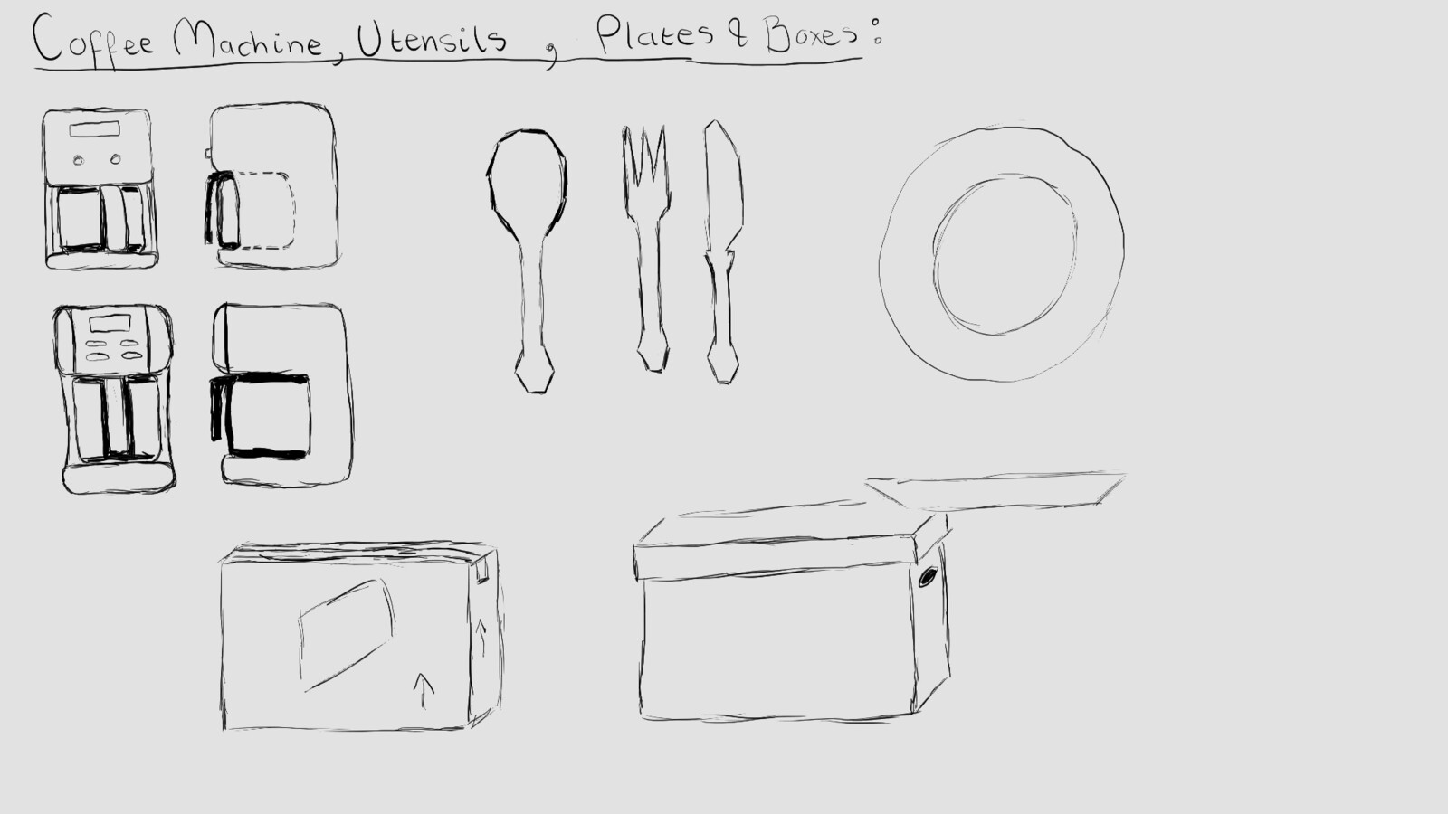 Cafeteria Assets and Box Asset Sketches