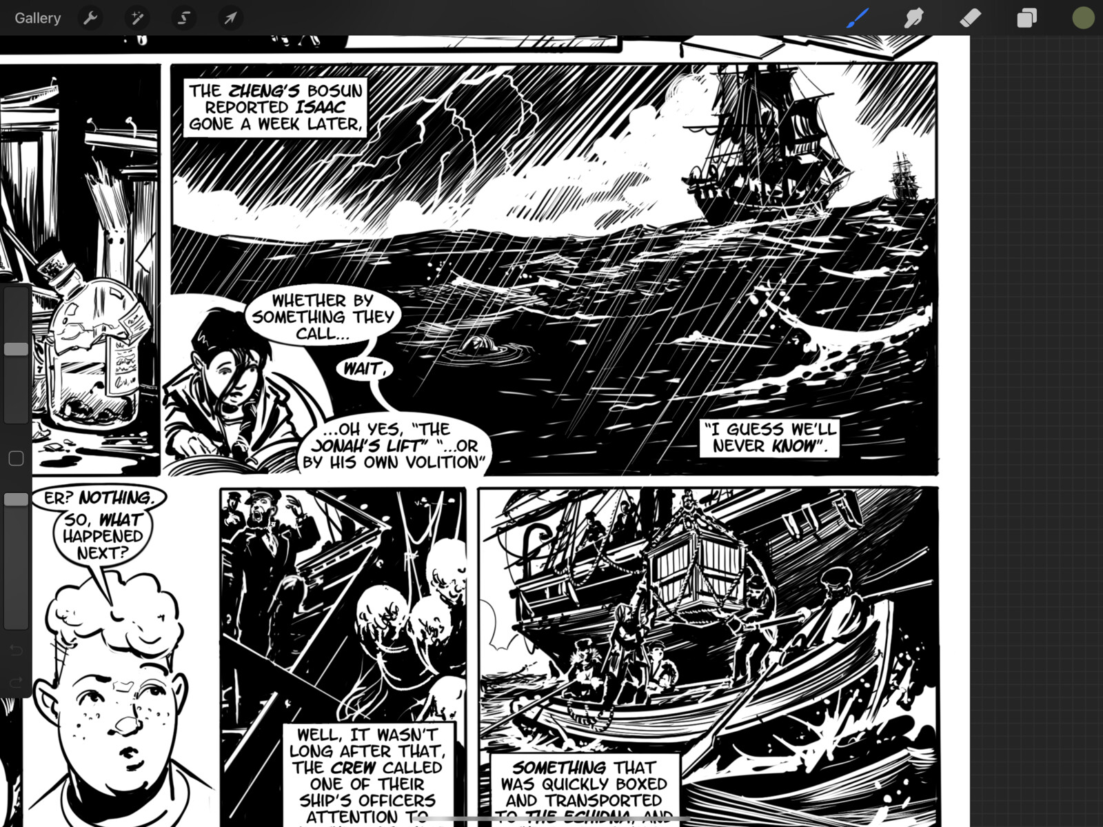 This page shows the mixture of classic illustration style for the storytelling of the main character, whilst a more “cartoonish” stylised approach for those main characters.