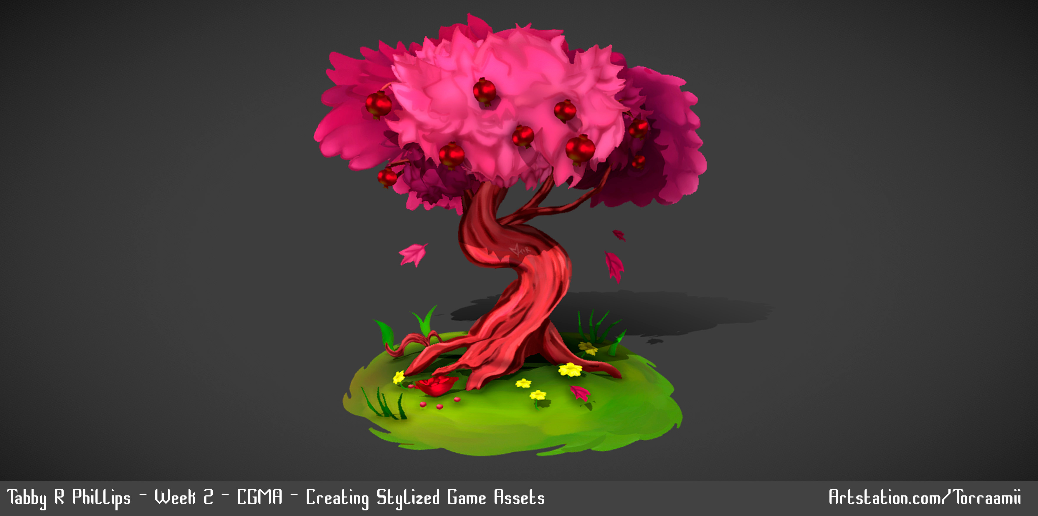 Pomegranate Tree in 2.5 D view. This was made by hand-painting textures in photoshop and transferring them onto planes in Maya, where I cut UVs and placed them. 