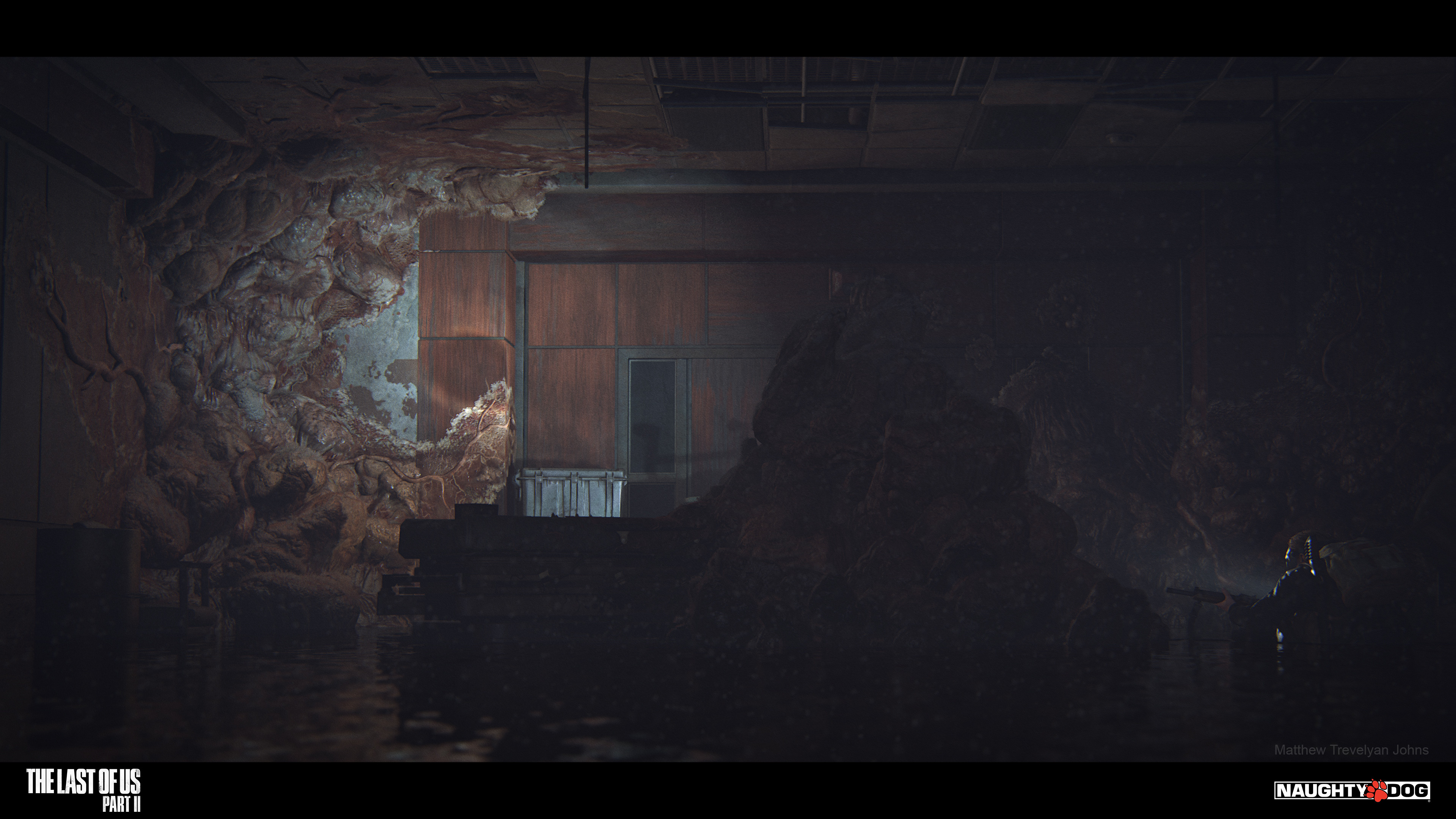 This space was extremely challenging, the flooding, heavy damage and spread of the fungus required a lot of custom modeling and shader work to really communicate the danger and foreboding nature of the space