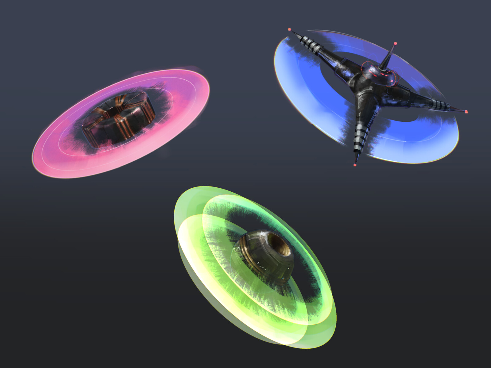 Light Discs: Base Disc, Scatter Disc, and Needle Disc (left to right).