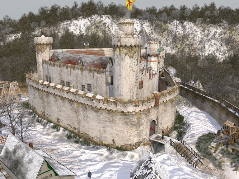 The upper castle complex with palas and supply buildings is closely surrounded by another kennel with the third gate.