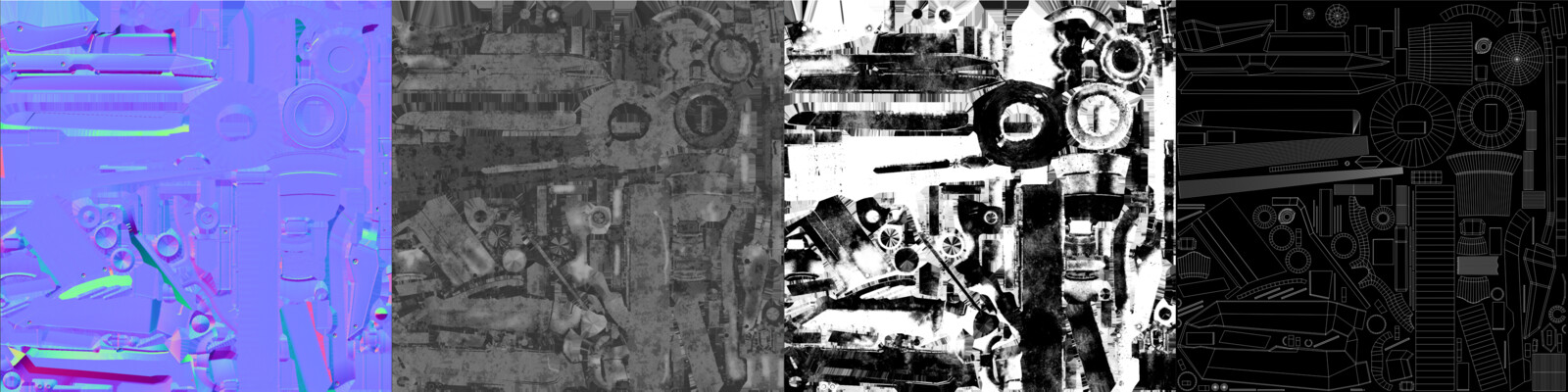 Normals, Rougness, Metallic and UVs for all the metal parts (screws, metal rods, most of wing parts). 2k textures