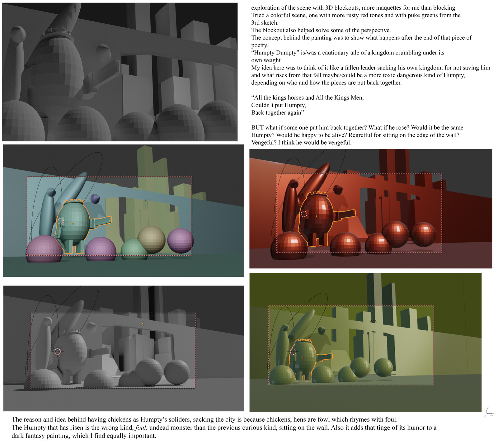 3D blockouts and thoughts behind some of painting decisions. 