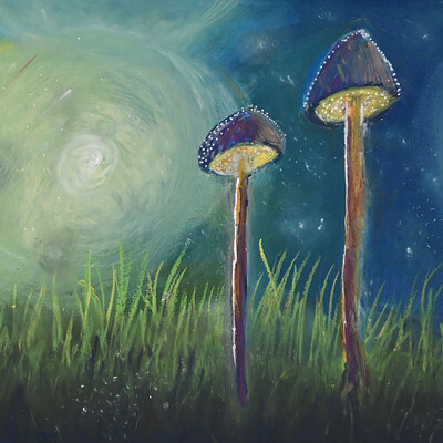 Firefly Mushrooms - Oil Pastel Drawing
