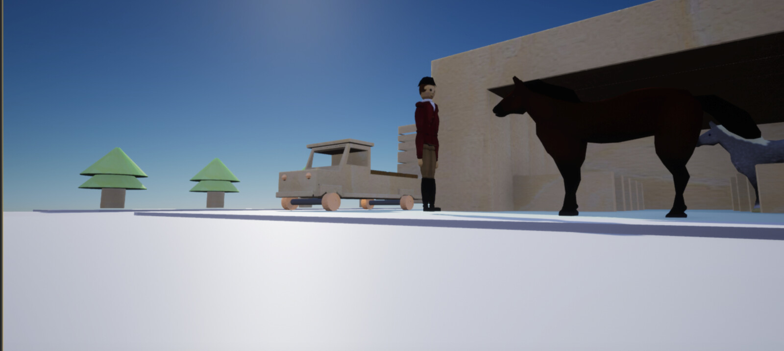 Low-angle view of the toy block stable 