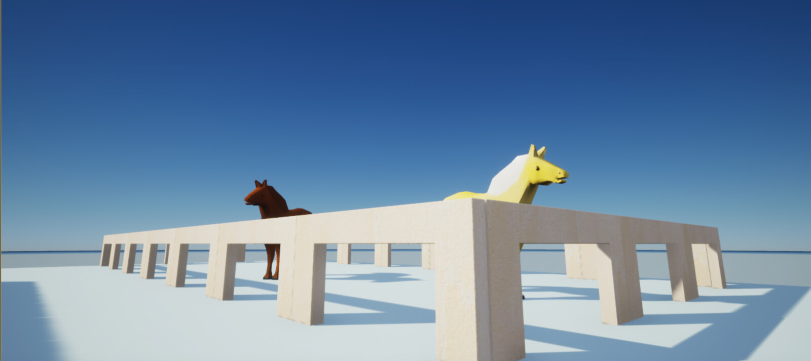 Low-angle view of the corralled horses 