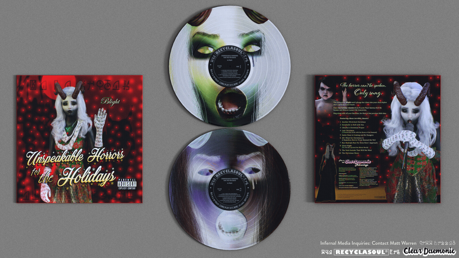 Sides 1 and 2 of the Sleeves and Records | The disc textures were an addition to an existing Daz model, but the sleeve is a custom mesh (with separate front/back textures). Texture creation includes Color, Bump, Roughness and Normal maps.