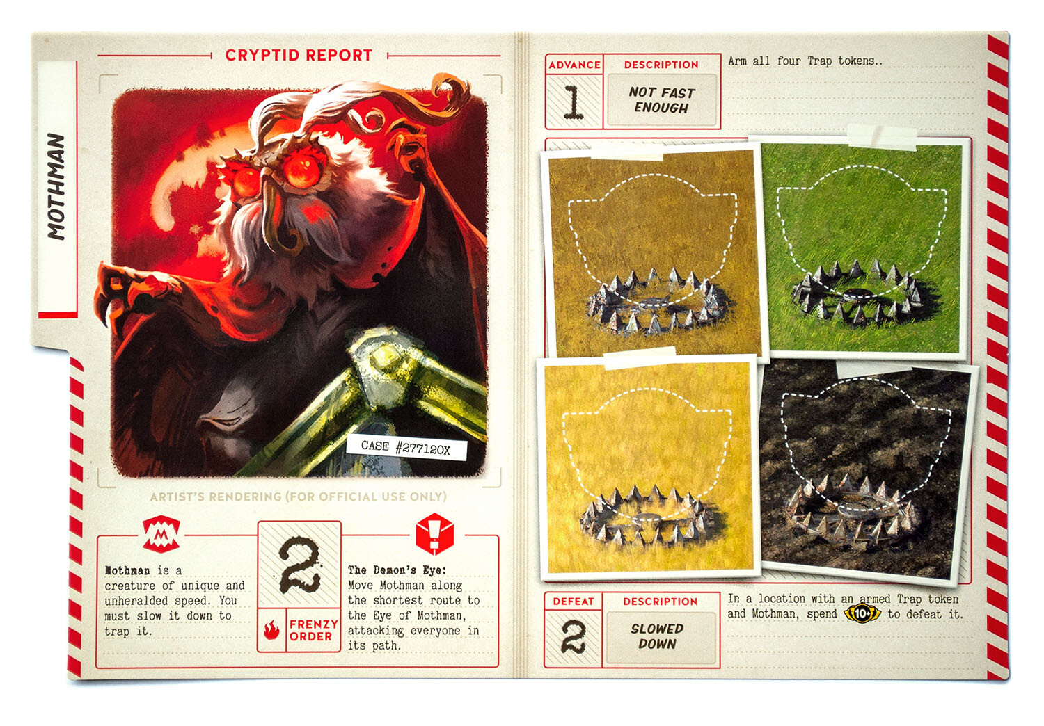 Mothman monster puzzle (traps on the right side) illustrated by me. Artwork on the left was illustrated by another artist.