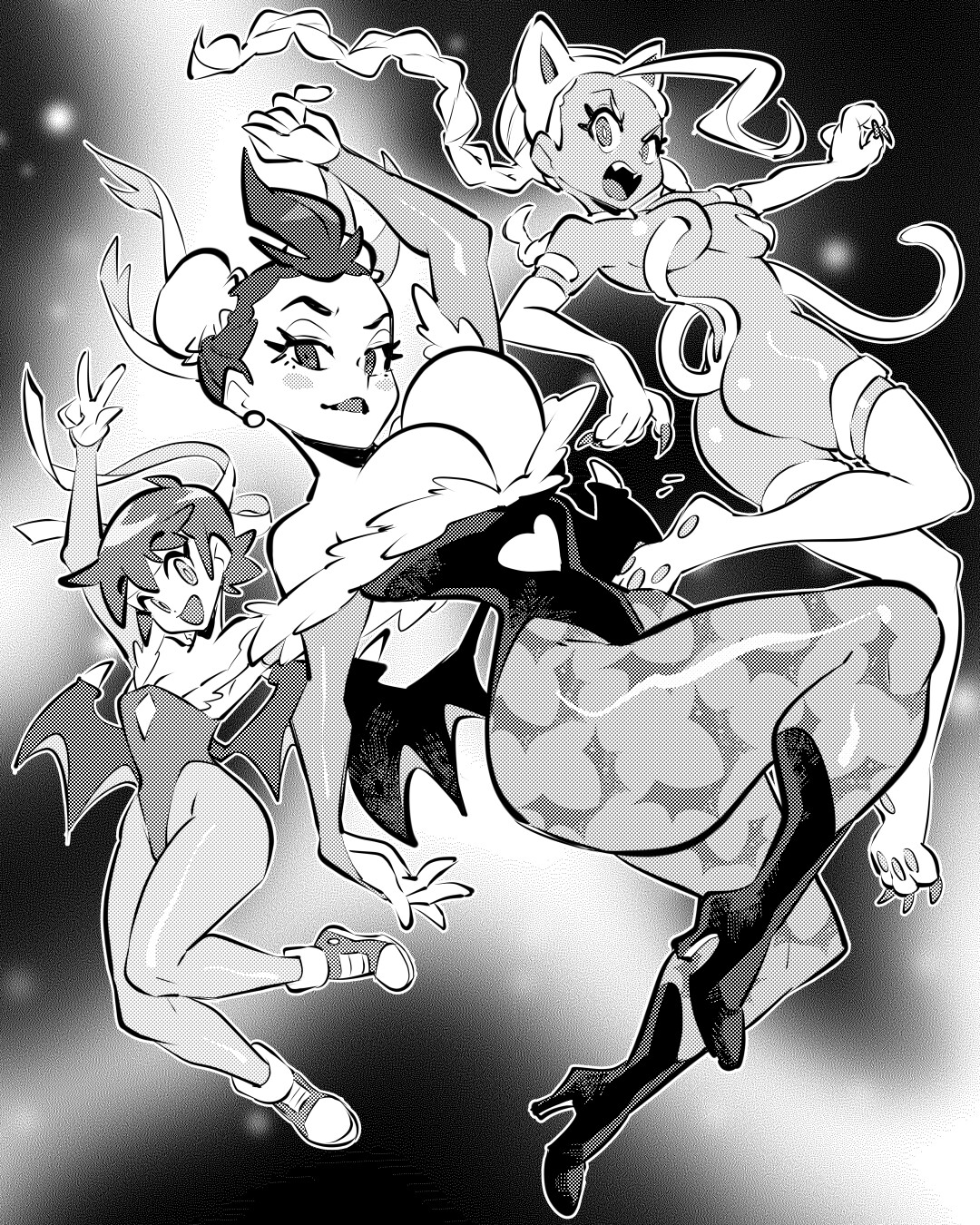 Street Fighter Sakura, Chun-Li &amp; Cammy cosplaying as Darkstalkers Lilith, Morrigan &amp; Felicia for Halloween.