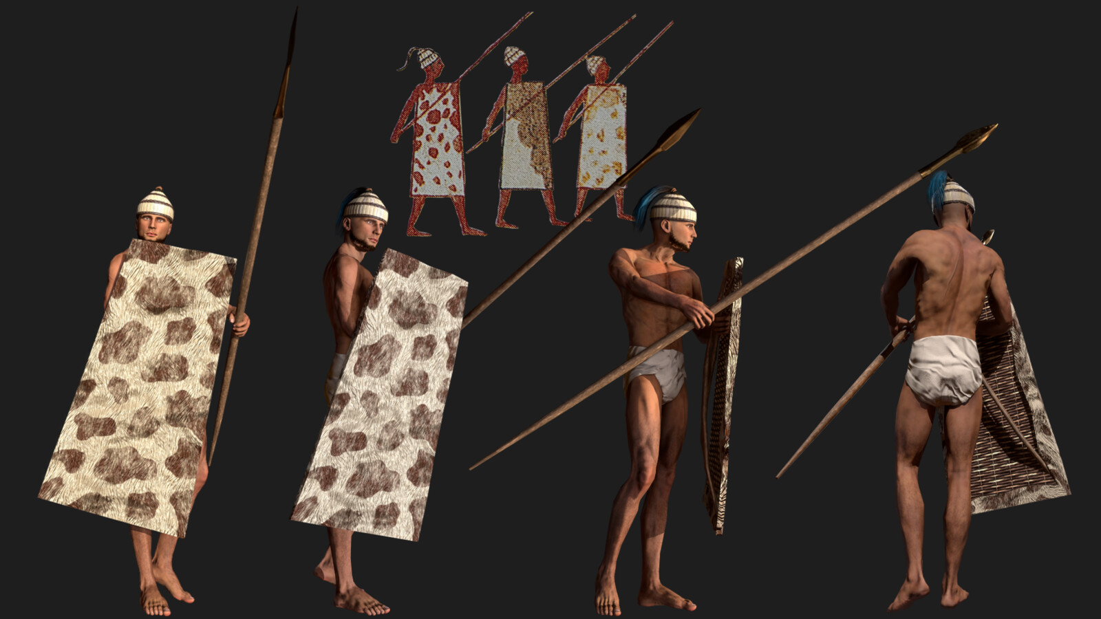 This character is based on the depiction of soldiers from the Flotilla Fresco from Akrotiri, Santorini. c.1620 BCE