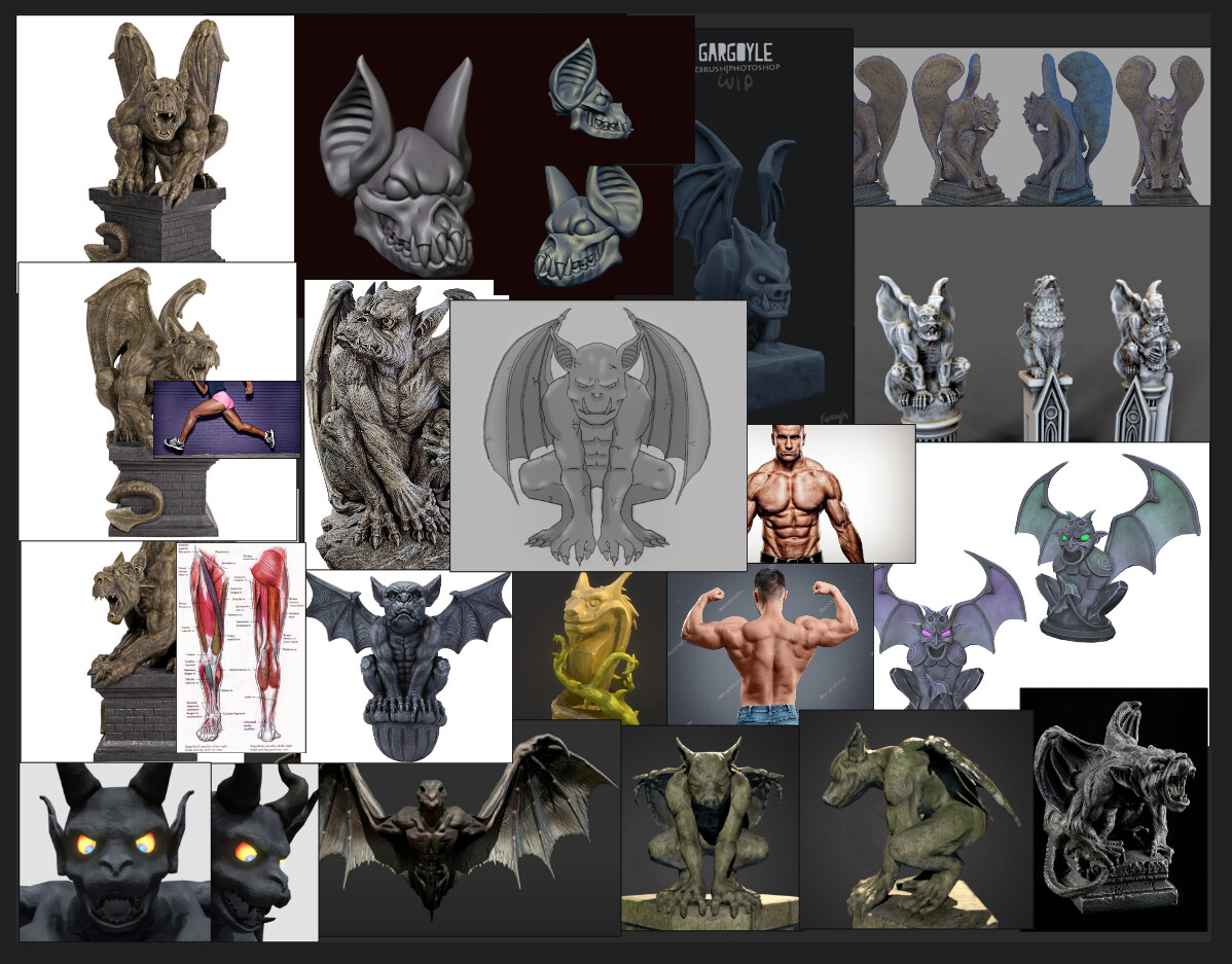 These are all the images that helped inspire me for the concept of the old gargoyle version (the drawing in the middle of the moodboard). I wanted to make a muscular and stylized creature so I based myself on a human torso mixed with creature legs.