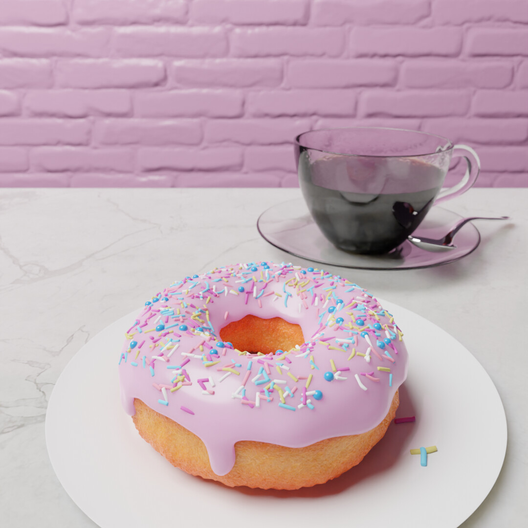 coffee and doughnut on a plate on a marble table with brick wall