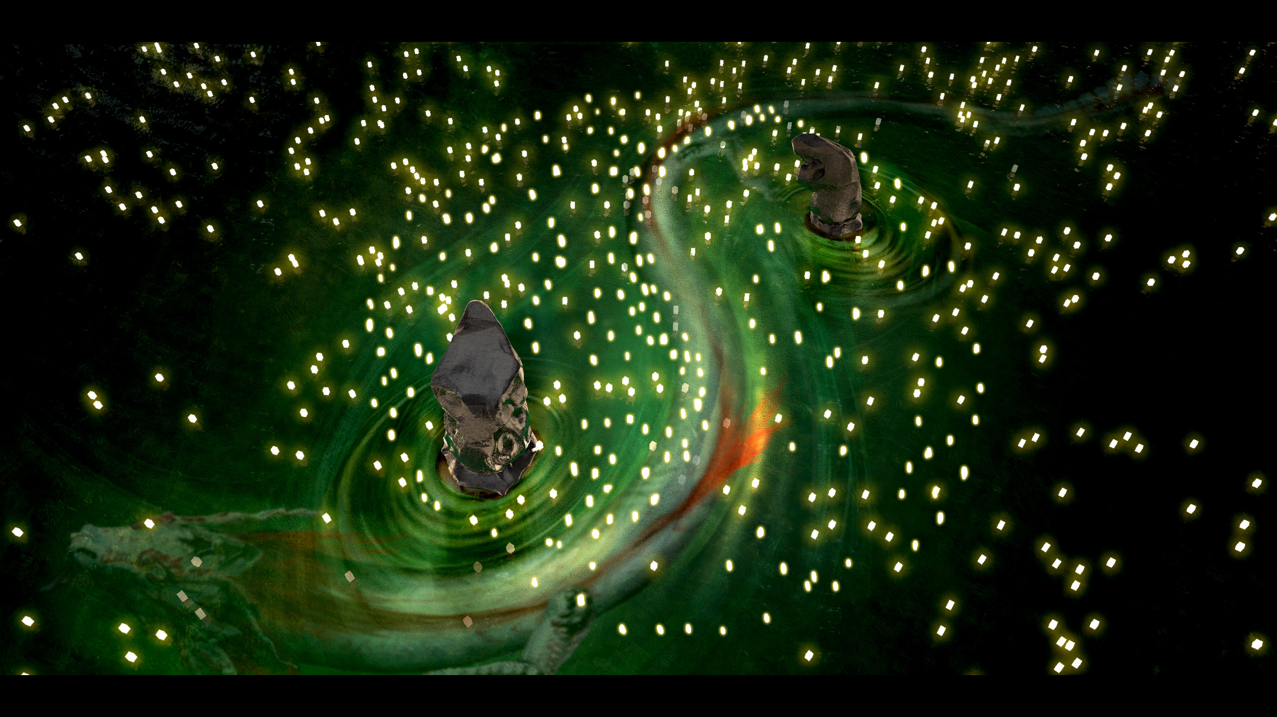 The lantern ceremony. I had the idea that as the Dragon swam between the rock sculptures it would drag the lanterns to create Yin and Yang.