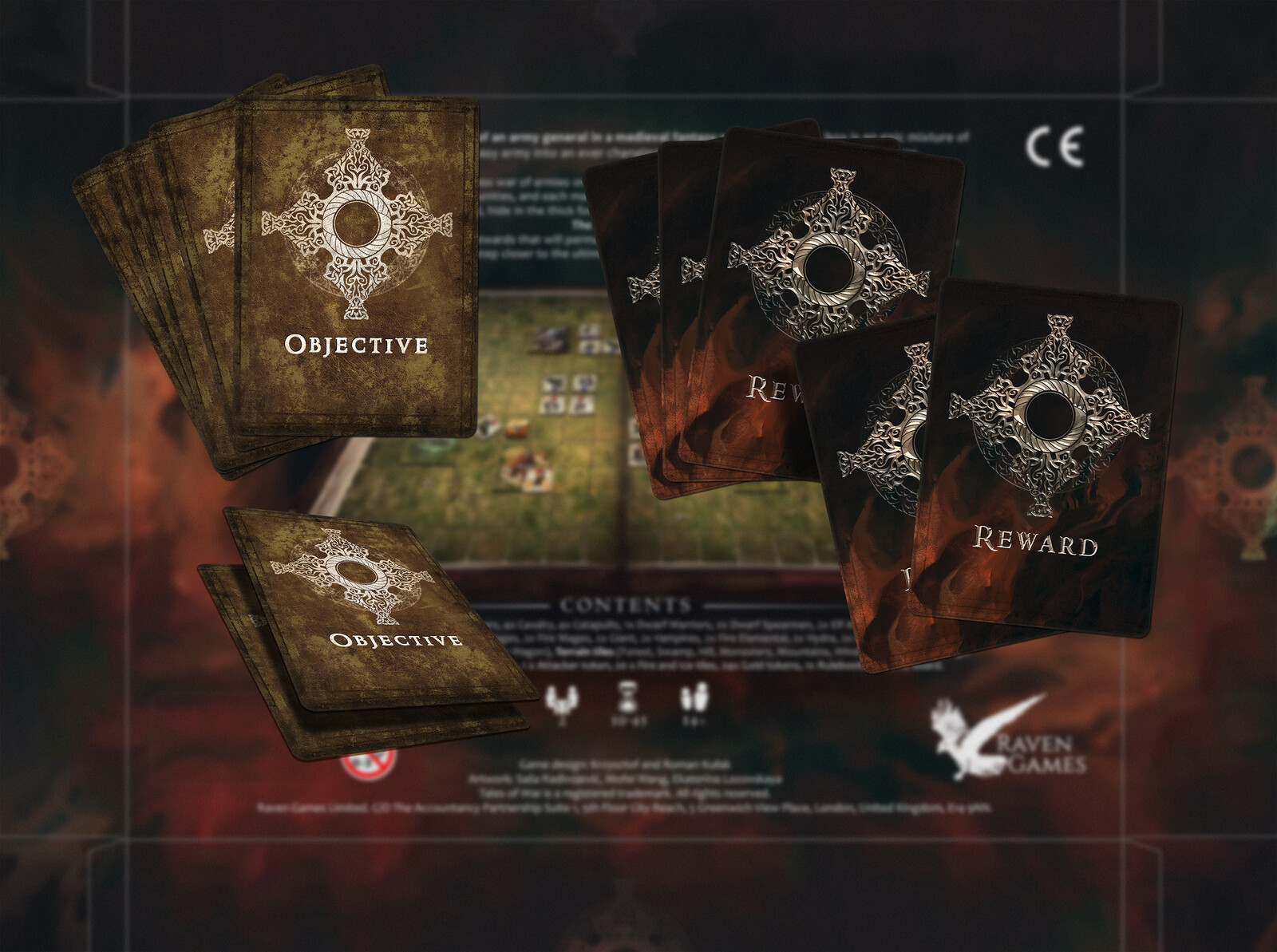 Card backs of the 2 decks of cards, behind we see the back of the box laid in its template