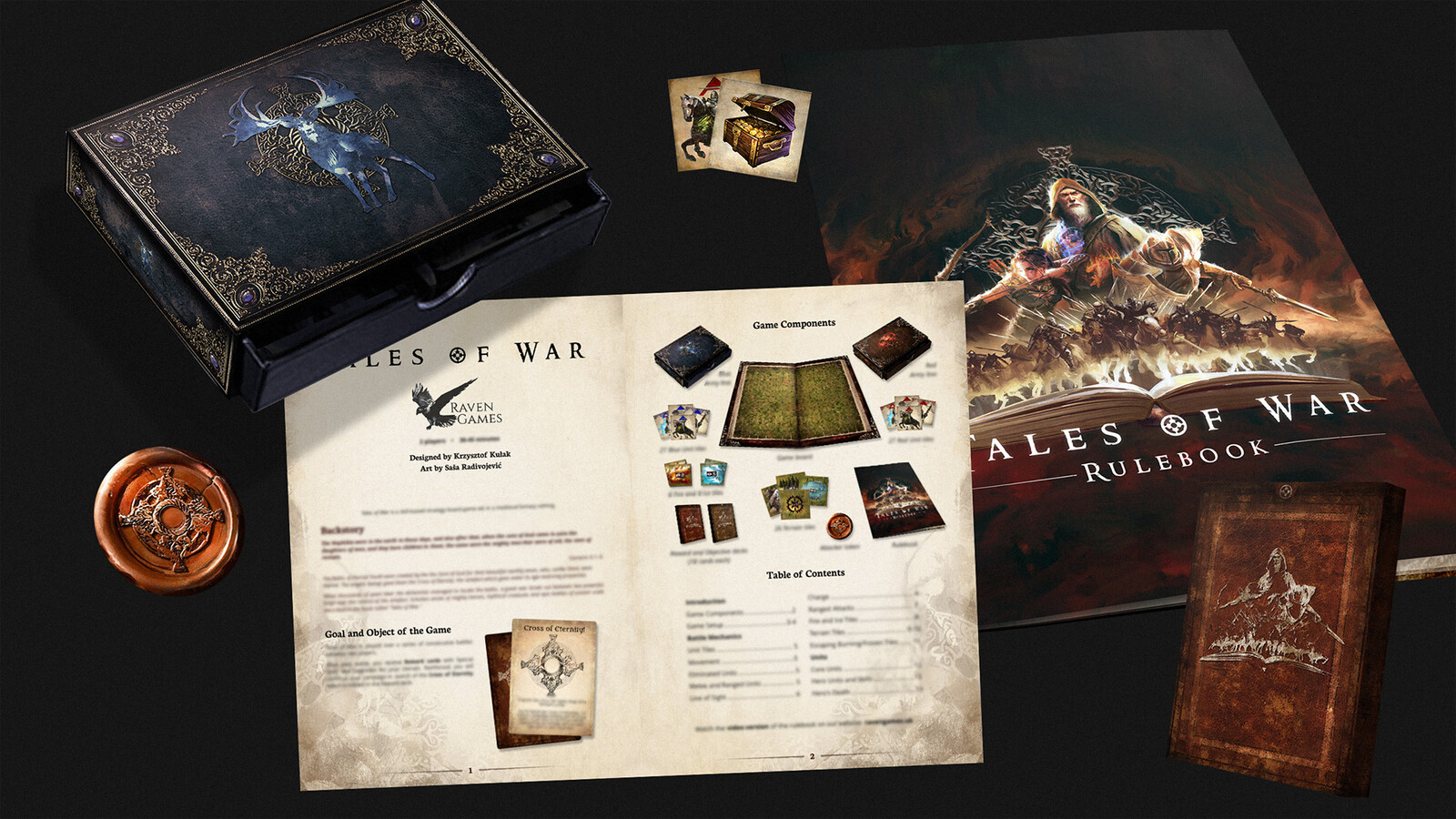 Various elements of the game. Rulebook was designed and made from scratch in Indesign and Lucidpress