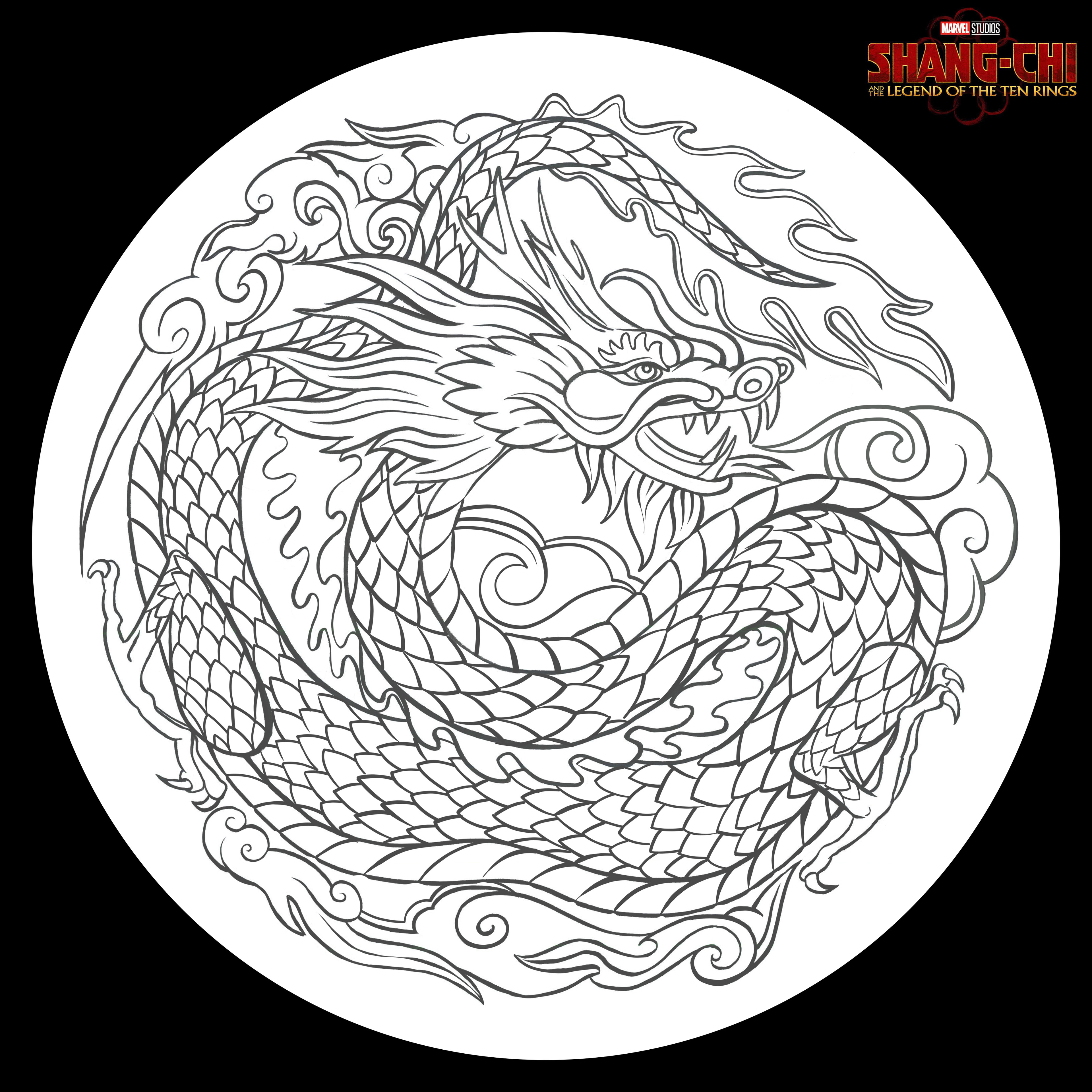 ancestral village single  dragon motif design linework.