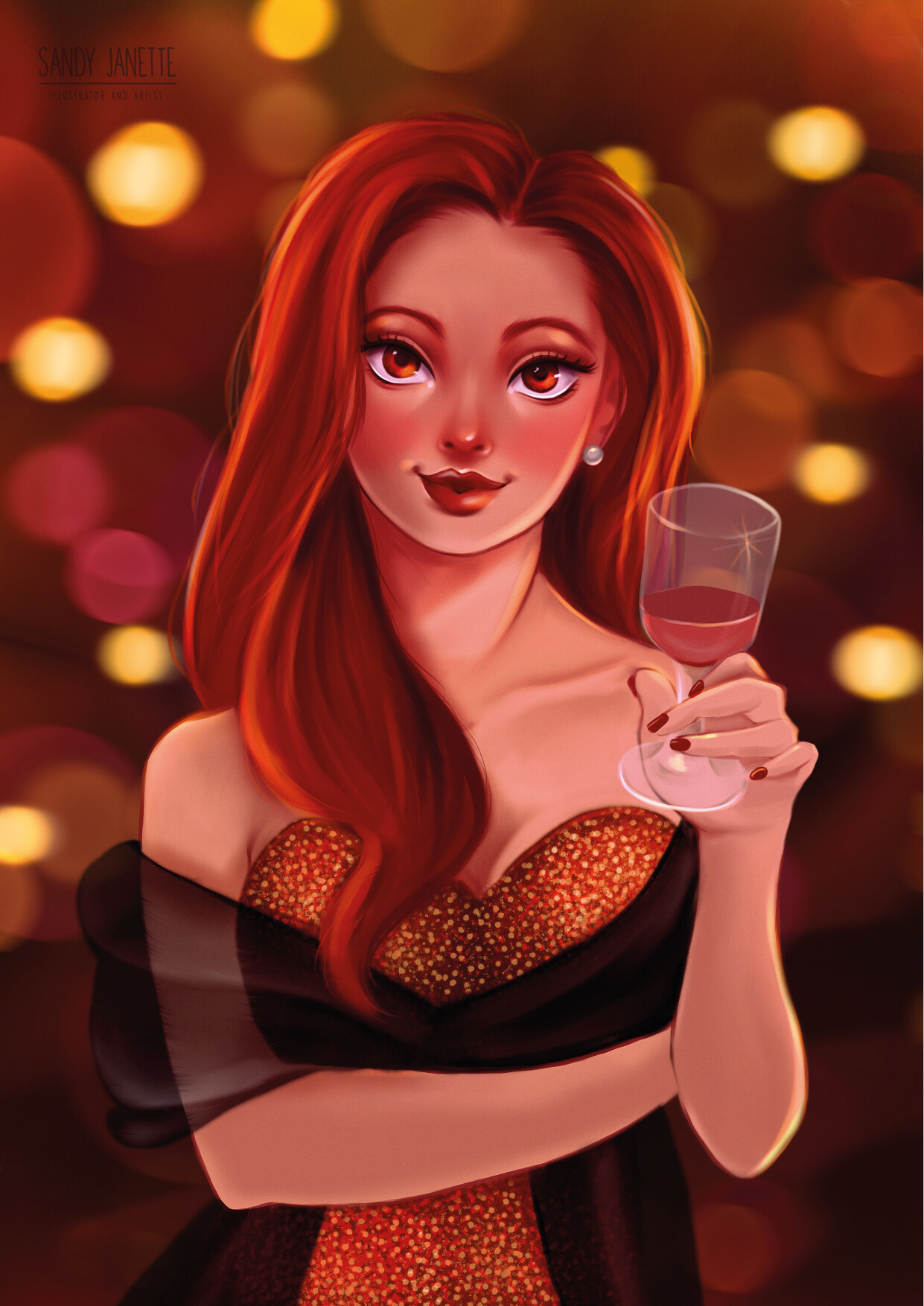 ArtStation Woman with red wine and red dress