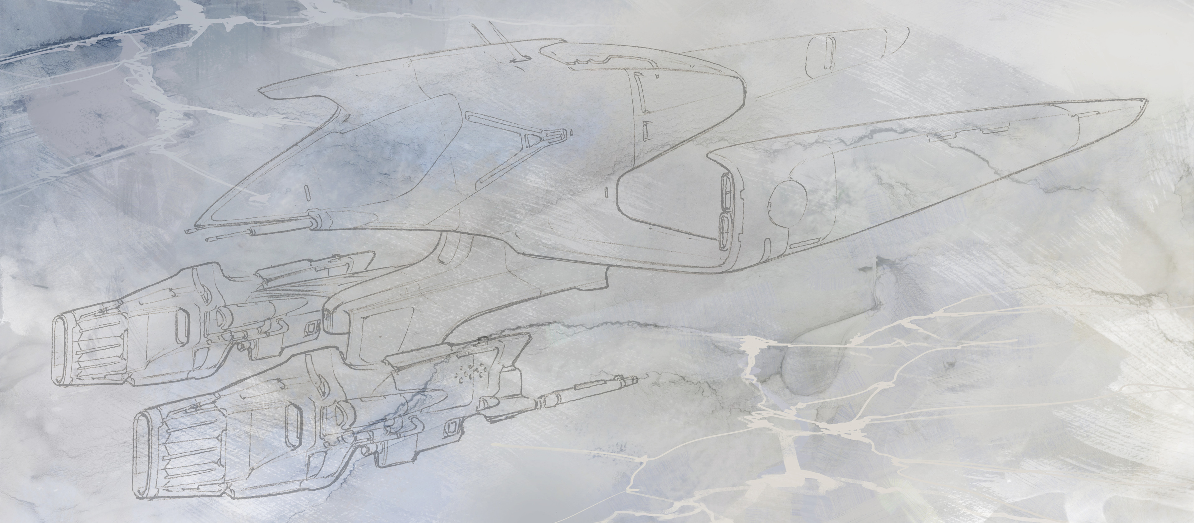 Coming across the sketch, I decided it would be good to take a stab at it in bare metal, one of my favorite material finishes. The background was laid in first to contrast- a frigid possibly alien arctic landscape. Layered analog textures.