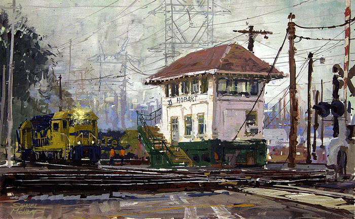 LA- old train switching tower from 1900. The operator had been watching us paint and finally came out. He invited me inside and demonstrated how the switches worked. The tower was demolished a few weeks after this sketch was done.